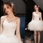 ふわふわのボリュームスカートが可愛いベアミニドレス ホワイト カラードレス チュール インポート ワンピース ウェディング ドレス XS S XL XXL XXXL 披露宴 刺繍